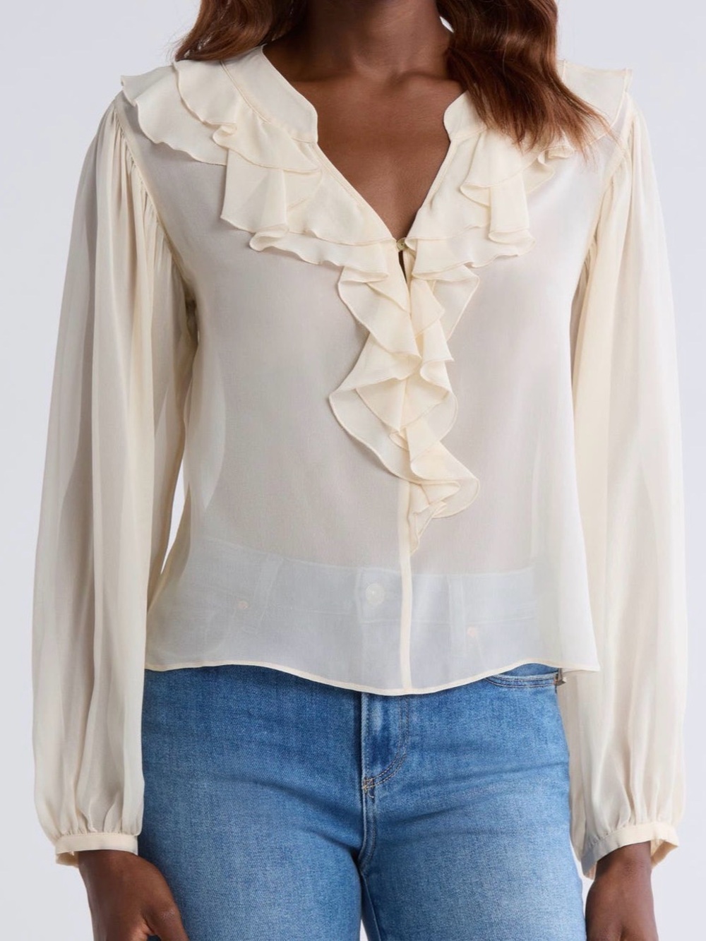 PAIGE Gemelli Oyster White Ruffle V-Neck Silk Blouse Top Size Small NWT